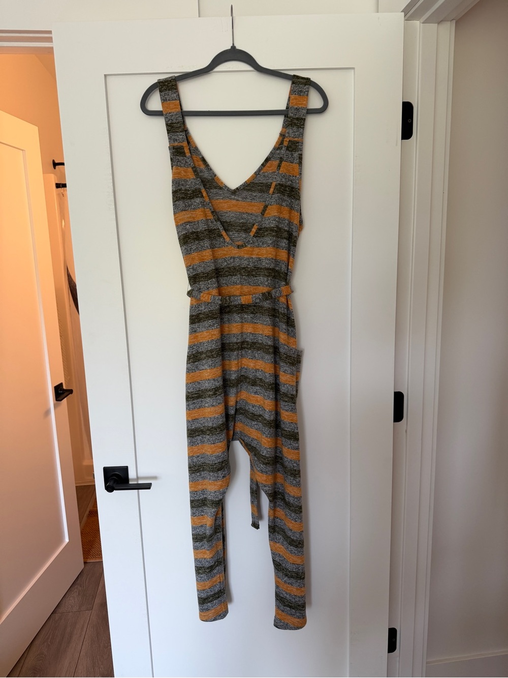 Free People Striped V-Neck harem Jumpsuit in Green and Mustard